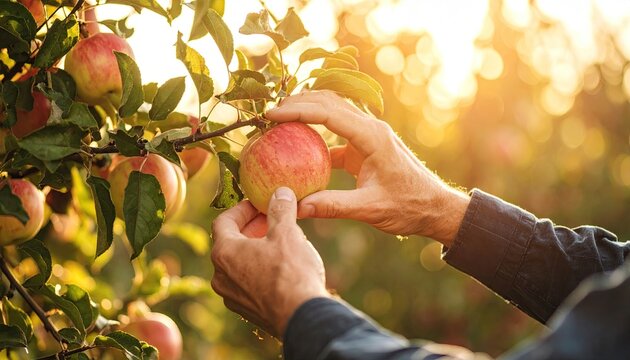 Hands picking apples from tree