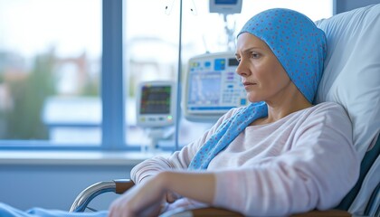 Thoughtful Woman Patient with Headscarf in Hospital, Healthcare and Cancer Treatment