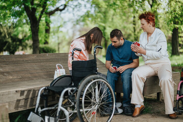 People participating in a recreational card game while sitting on a bench in a park. Wheelchair...