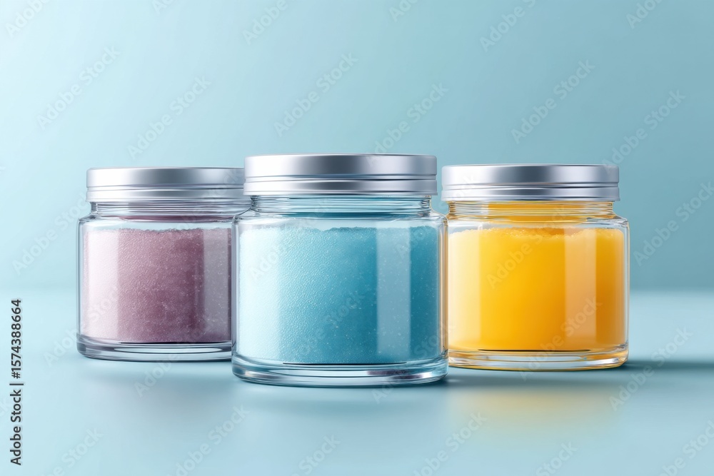Poster body scrub jars displayed on a bright and colorful background with space for copy