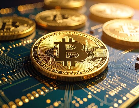 Golden Bitcoin coins on circuit board
