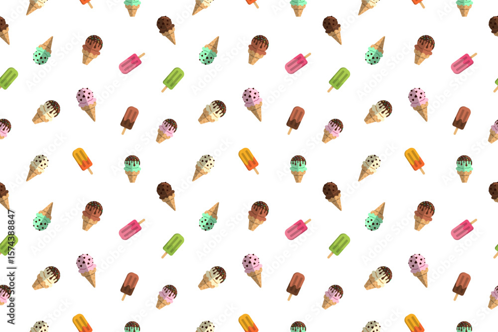 Poster seamless pattern featuring colorful ice cream cones and popsicles on transparency background creatin