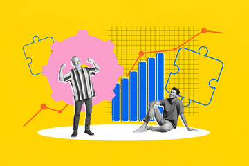 Banner 3d artwork pop image collage of two happy old young guy businessmen stand puzzle gearwheel...