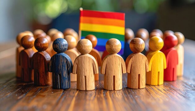 Diverse group around pride flag