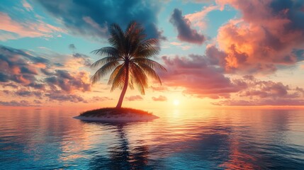 Tropical island sunset paradise ocean view palm tree scenic landscape vacation travel destination wallpaper background silhouette