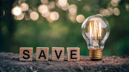 Light bulb shines alongside save lettering, promoting energy conservation and ecological awareness with a retro style lamp surrounded by a natural, blurred background suggesting environmental concern.