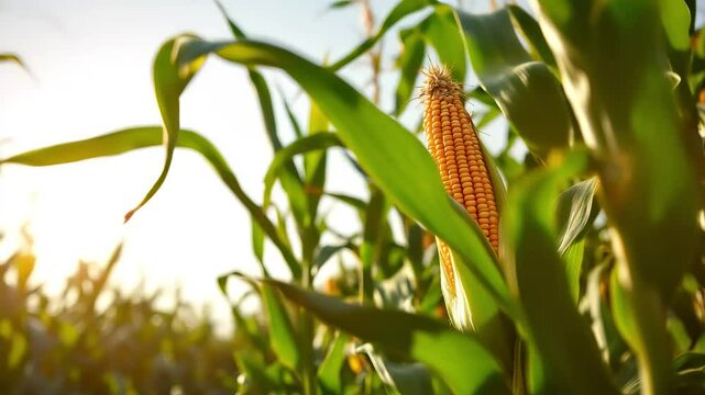 Golden maize cobs and green leaves in a summer garden field, a ripe organic farm vegetable 4k video footage 