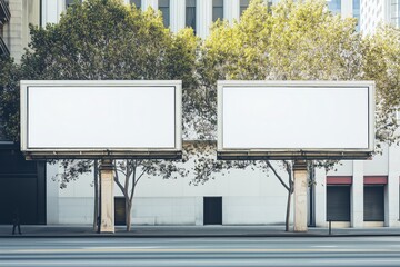 Urban scene with two blank billboards against trees on city street