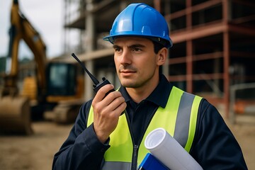 Focused Construction Foreman Overseeing Site Operations with Walkie Talkie and Blueprints Manages Progress on the Job