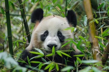 Fototapeta premium Close up of a giant panda cub enjoying fresh bamboo in its natural habitat