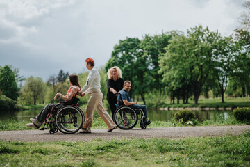 A serene park scene with diverse group of friends walking by a lake, including wheelchair users and...