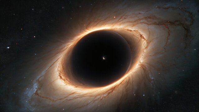 A supermassive black hole with a glowing accretion disk and surrounding nebula in the vast expanse of deep space