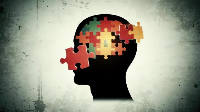 Puzzle Mind Animation: Human Head Silhouette with Shifting Jigsaw Pieces