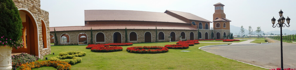 Panorama garden with buildings