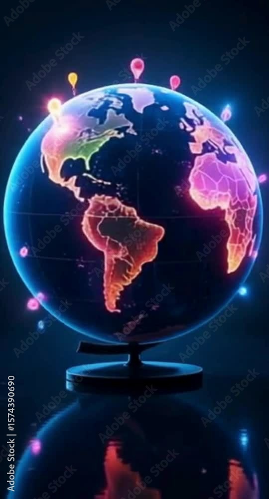 Poster glowing world globe with location markers on a dark background reflecting on a shiny surface