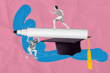 3d pop image sketch art collage of two happy girls stand pencil education hat master graduation student high-school concept