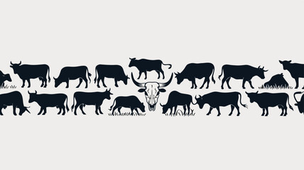 Fototapeta premium Silhouette Illustration Cattle Herd with Horned Skull Centerpiece Against Light Beige Background