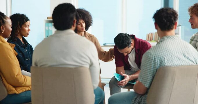 Circle, therapy and comfort sad man for help, trauma recovery or rehabilitation for anxiety. People, support group or counseling for mental health, empathy or psychology advice for healing depression