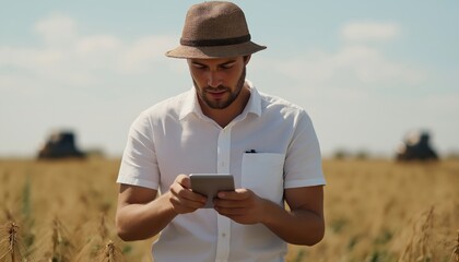 Farmer Using Tablet in Wheat Field, Modern Smart Agriculture Tech