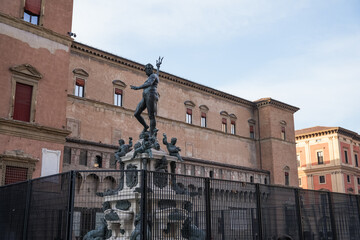 View of the Fountain of Neptune in Bologna Italy.