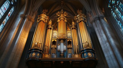 Majestic pipe organ illuminated in a grand cathedral, showcasing intricate craftsmanship and rich details.
