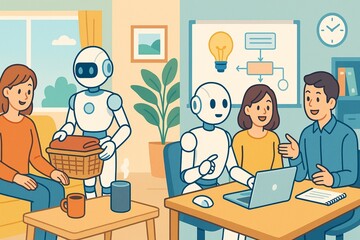 Robots Supporting Daily Life and Work – Friendly AI Assistants Helping People at Home and Office in Future Society