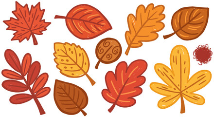 Obraz premium Vibrant and funky crayon-style decorative autumn leaves. Cute cartoon stickers featuring playful fall leaves. Bright doodle illustration with pencil texture, kid-drawn vector art on transparent png.