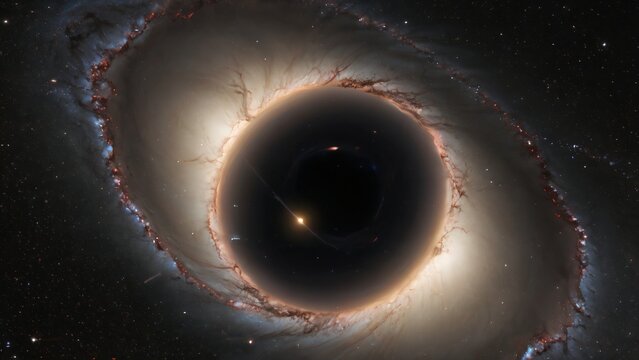 A supermassive black hole with a glowing accretion disk and surrounding nebula in the vast expanse of deep space