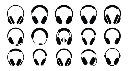 Fifteen Isolated Black and White Headphone Icons Featuring Headsets, Microphones, and Audio Waveforms