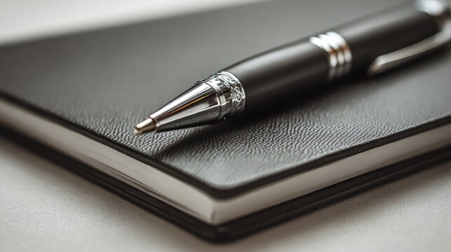 Close-up of a black pen on a black notebook