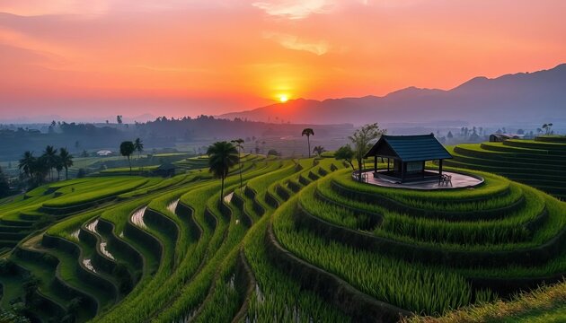 Sunrise over terraced rice paddies, tiny hut in Surakarta, Solo River Valley, Java, Indonesia,  Asia,  cultivation
