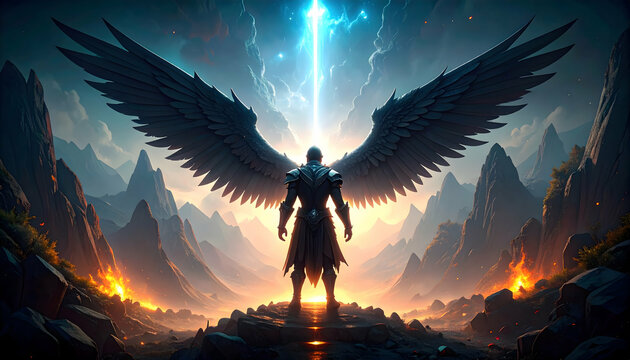 Fototapeta Angel warrior with epic landscape.