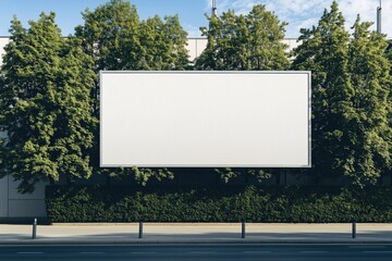 Blank outdoor billboard on urban street background with green foliage and trees