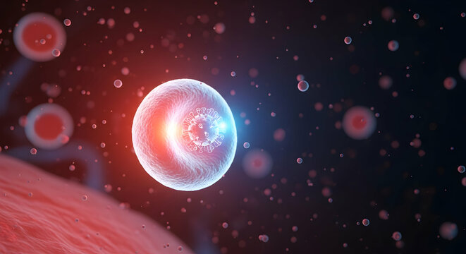 Microscopic depiction shows the coronavirus infecting human cells under a dark background in a graphic rendering.