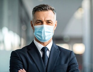 Businessman in suit, wearing a mask