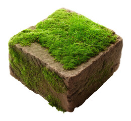 floating grass cube block with soil base isolated on png transparent background