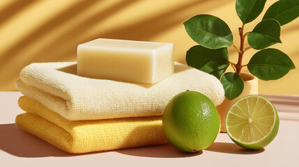 A bright and clean composition featuring a bar of soap, folded towels in soft yellow hues, with a lime or lemon for fresh greenery accents. 