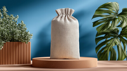 A mockup of an empty, blank light beige linen canvas Pouch for food and supplies stands on top of a round podium, with a blue background and green plants behind it.