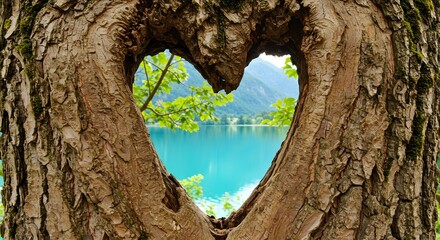 Heart-shaped tree trunk framing a beautiful blue lake and green forest. Love for nature and environmental conservation concept.