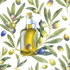Seamless pattern watercolor olive oil bottle branch green. Drawings food. Hand painted floral illustration olives fruit tree branches leaves transparent background. Edible foliage. Fabric wrapping 