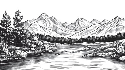 Vintage Woodcut Engraving of River Flowing Through Mountains