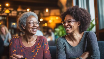 Two Happy African American Women Laughing in Cafe, Intergenerational Friendship Moment