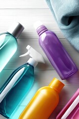 Cheerful gathering of friends sharing tips and colorful cleaning supplies for home maintenance