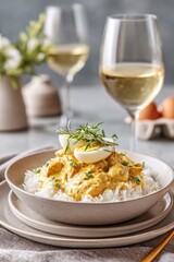 Creamy aji de gallina served over rice with eggs and olives against a rustic backdrop