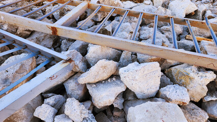 earthquake destruction rocks, collapsed iron railings