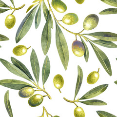 Seamless pattern watercolor olive branch green decor. Hand painted floral illustration olives fruit tree branches leaves transparent background. Drawings food. Edible foliage. Fabric, wrapping menu