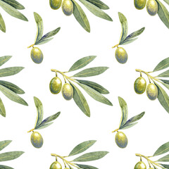 Seamless pattern watercolor green olives branch. Hand painted floral illustration olive fruit, tree branches, leaves transparent background. Drawings food. Edible foliage. For menu, wrapping card