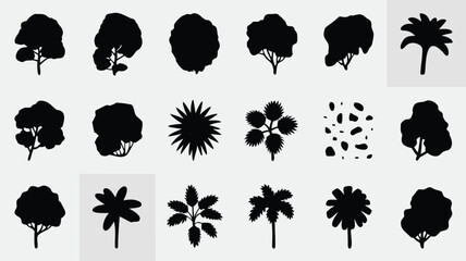 Collection of Black Tree Silhouette Shapes and Tropical Plants on White Background, Isolated Illustration