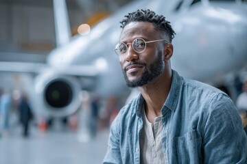 Young Black male aerospace engineer in a bright hangar showcasing innovative aircraft technology