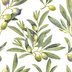 Seamless pattern watercolor olive branch green decor. Hand painted floral illustration olives fruit tree branches leaves transparent background. Drawings food. Edible foliage. For fabric, wrapping